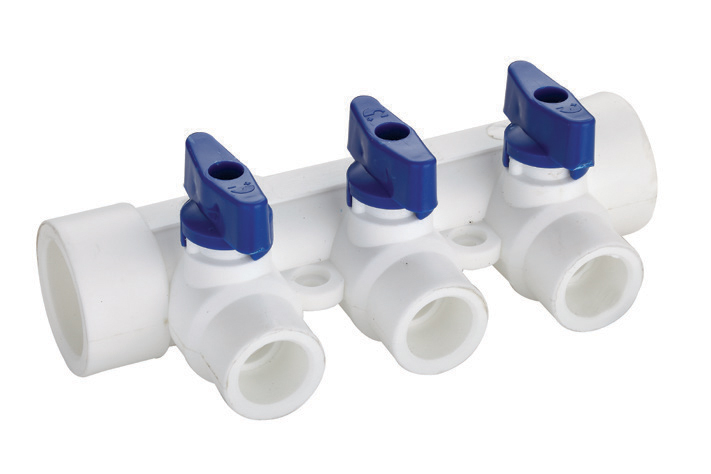 PPR rozdeľovač s guľovými ventilmi 32/2x20 MODRÝ